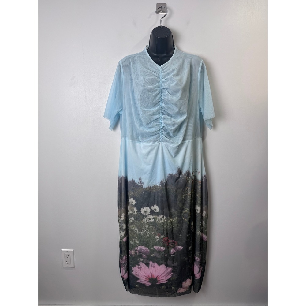 Wray Women Blue Floral Mesh Ruched Midi Dress Garden Print 2XL